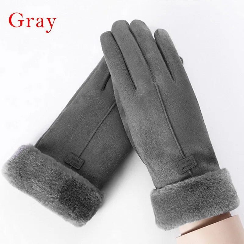 winter female cashmere feel  warm suede leather mittens with double thick velvet plush cozy touch screen driving gloves