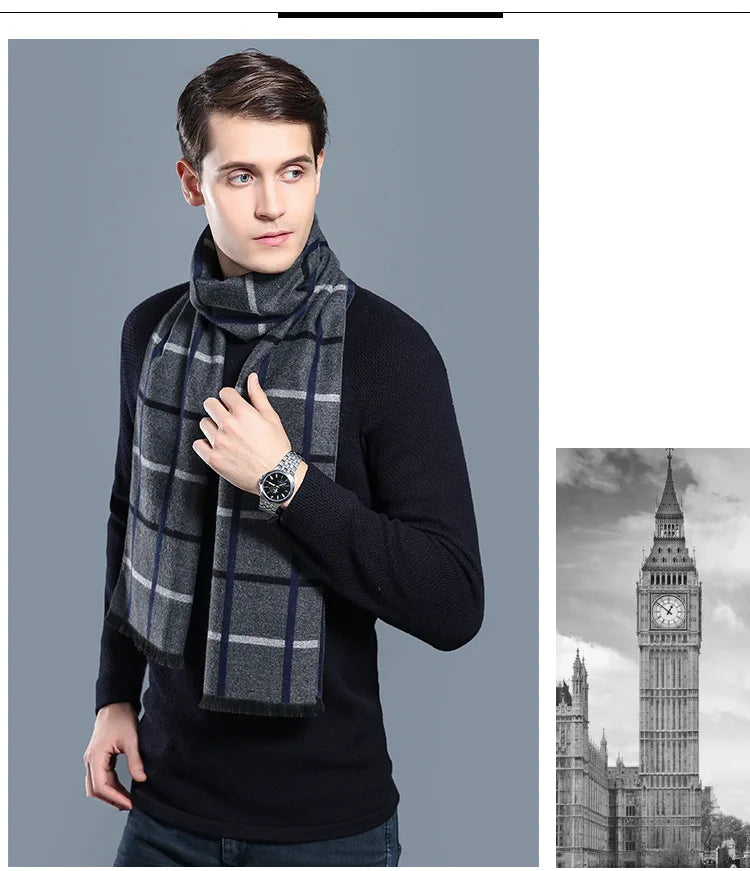 Écharpe sophistiquée en mélange de cachemire pour homme, à carreaux chauds, pour l'hiver, look décontracté et professionnel, cadeau parfait 