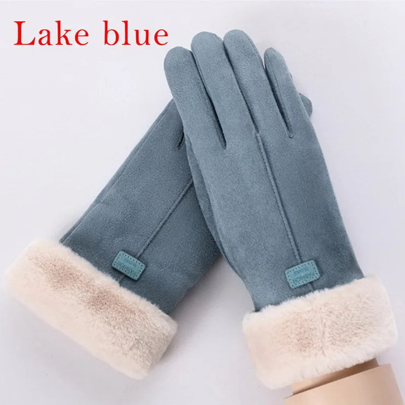 winter female cashmere feel  warm suede leather mittens with double thick velvet plush cozy touch screen driving gloves