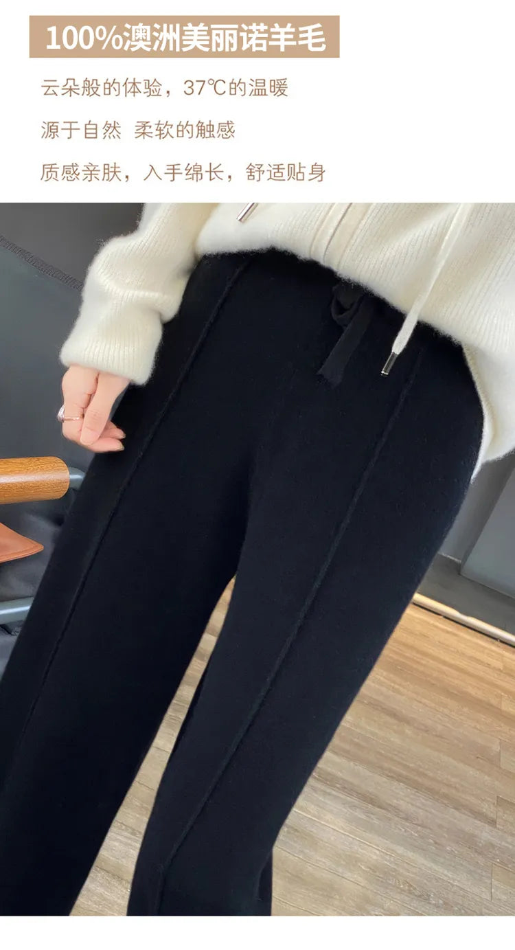 Wool knitted wide leg pants for women with a draping feel, straight tube casual woolen pants for indoors or outdoors warm