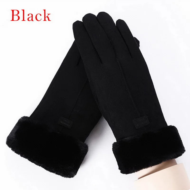 winter female cashmere feel  warm suede leather mittens with double thick velvet plush cozy touch screen driving gloves