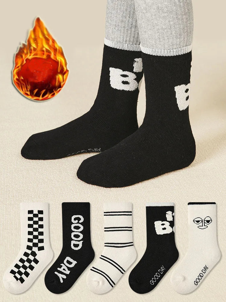 Winter warm  thickened cotton socks with letters and striped pattern for boys and girls - baby toddler socks, children socks (5 pairs)