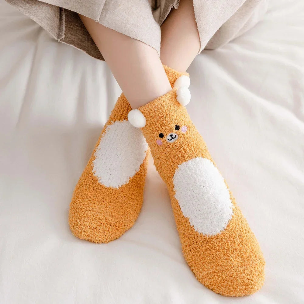 2 Paar Cartoon-Tier-Socken mit niedlichem Fuzzy-Fleece, pelzig, warm, für Damen