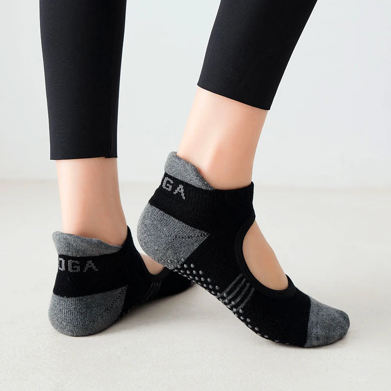 Rückenfreie Pilates-Socken für Damen mit Handtuchboden – atmungsaktive, rutschfeste Yoga-Socken, Baumwoll-Ballett-Tanz-Sportsocken für Fitnessstudio