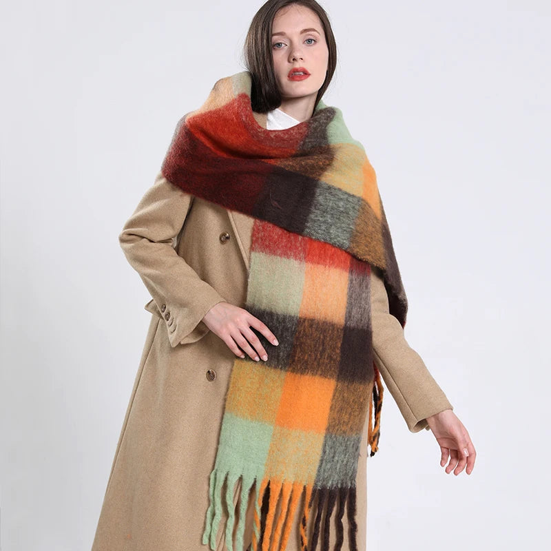 New luxury cashmere plaid scarf for women cozy winter shawl and wrap with long tassels