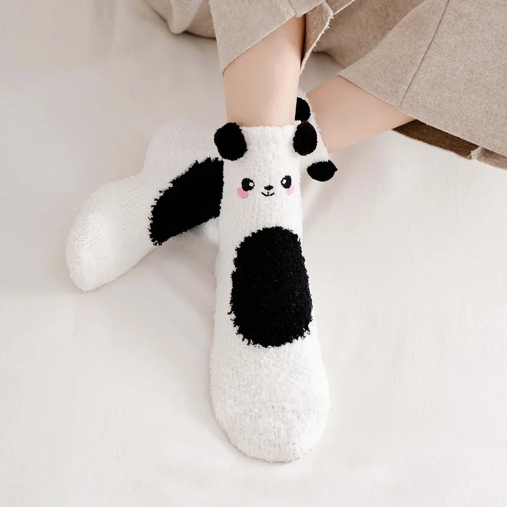 2 Paar Cartoon-Tier-Socken mit niedlichem Fuzzy-Fleece, pelzig, warm, für Damen