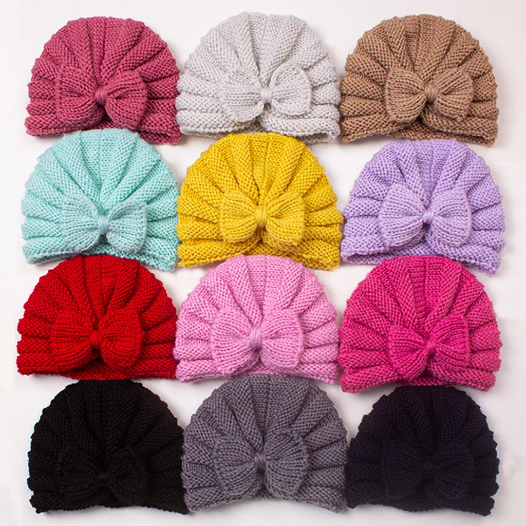 Cozy Newborn Bow Knitted Hat for Autumn and Winter Warm Turban Hats for Girls