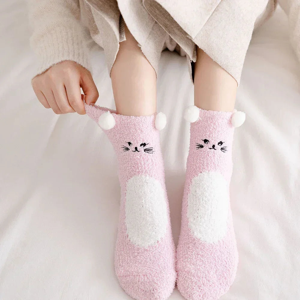 2 Paar Cartoon-Tier-Socken mit niedlichem Fuzzy-Fleece, pelzig, warm, für Damen