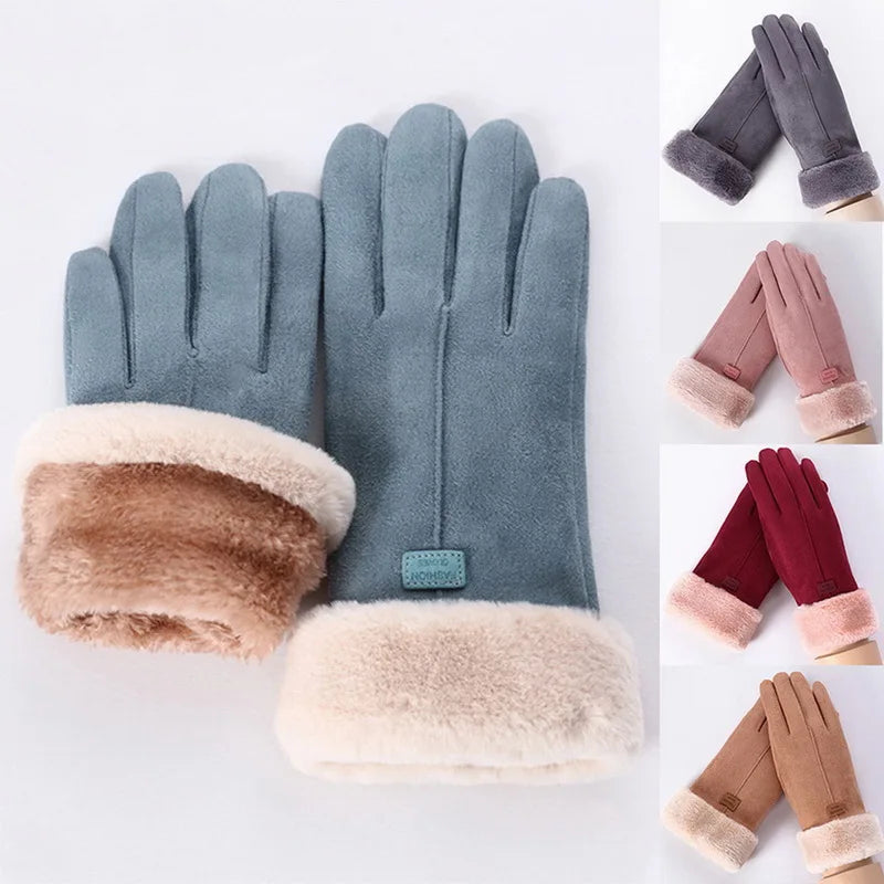 winter female cashmere feel  warm suede leather mittens with double thick velvet plush cozy touch screen driving gloves