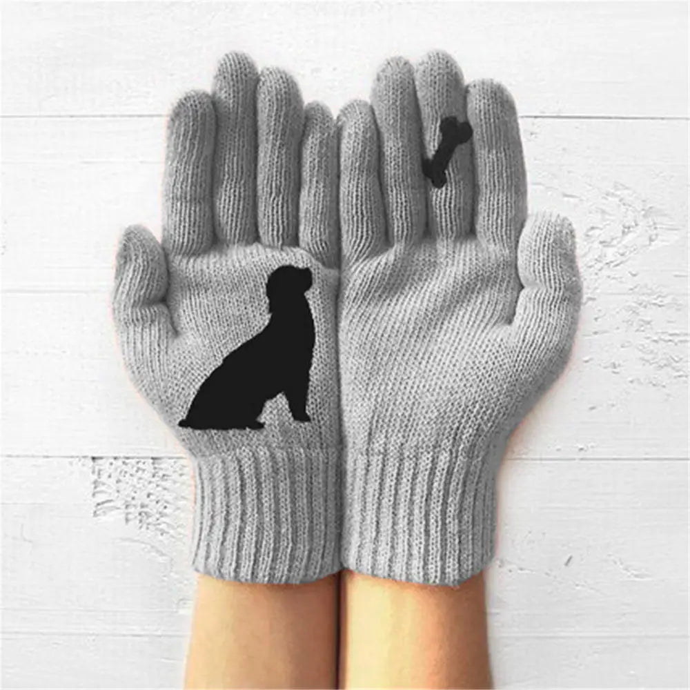 Winter warmth with  cat and bird printed thermal knitted cashmere feel gloves - energize your cold days with cozy comfort women or teens girls  gloves