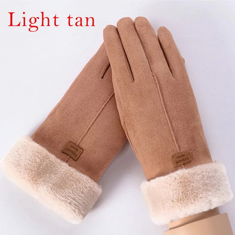 winter female cashmere feel  warm suede leather mittens with double thick velvet plush cozy touch screen driving gloves