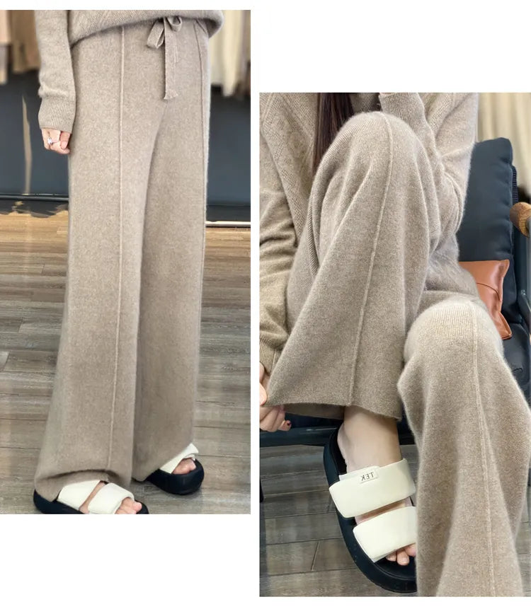 Wool knitted wide leg pants for women with a draping feel, straight tube casual woolen pants for indoors or outdoors warm