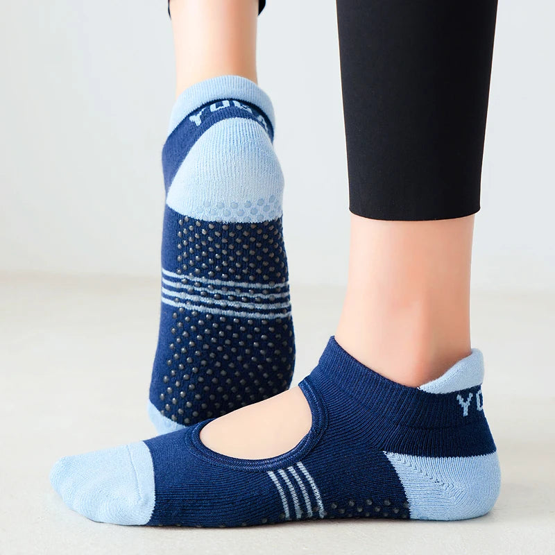 Rückenfreie Pilates-Socken für Damen mit Handtuchboden – atmungsaktive, rutschfeste Yoga-Socken, Baumwoll-Ballett-Tanz-Sportsocken für Fitnessstudio