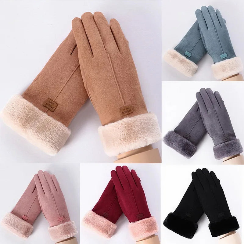 winter female cashmere feel  warm suede leather mittens with double thick velvet plush cozy touch screen driving gloves