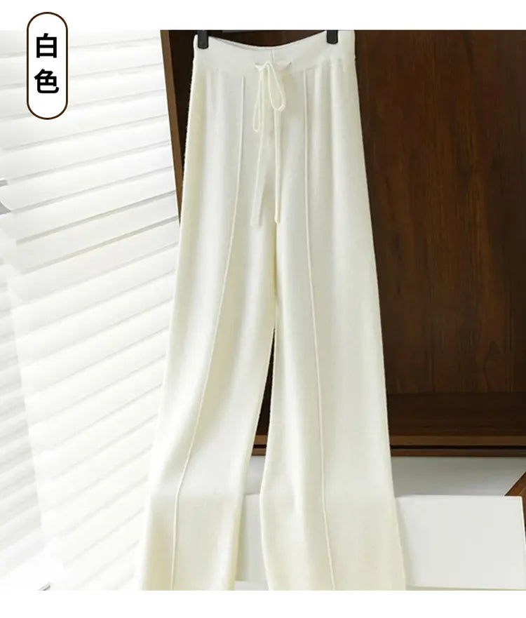 Wool knitted wide leg pants for women with a draping feel, straight tube casual woolen pants for indoors or outdoors warm