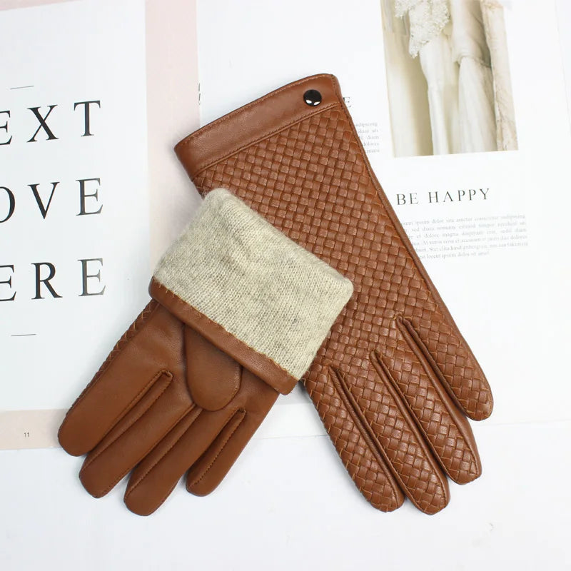 New women's sheepskin gloves with  touch screen ability woven warmth and high-end knitted lining for luxe driving style