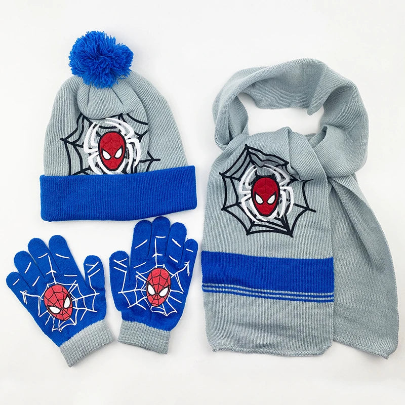 3 Pieces Disney Superhero Spiderman cartoon Autumn Winter Children Warm Knitted Hat+Scarf+Gloves  Boy  Scarf Accessories Kid