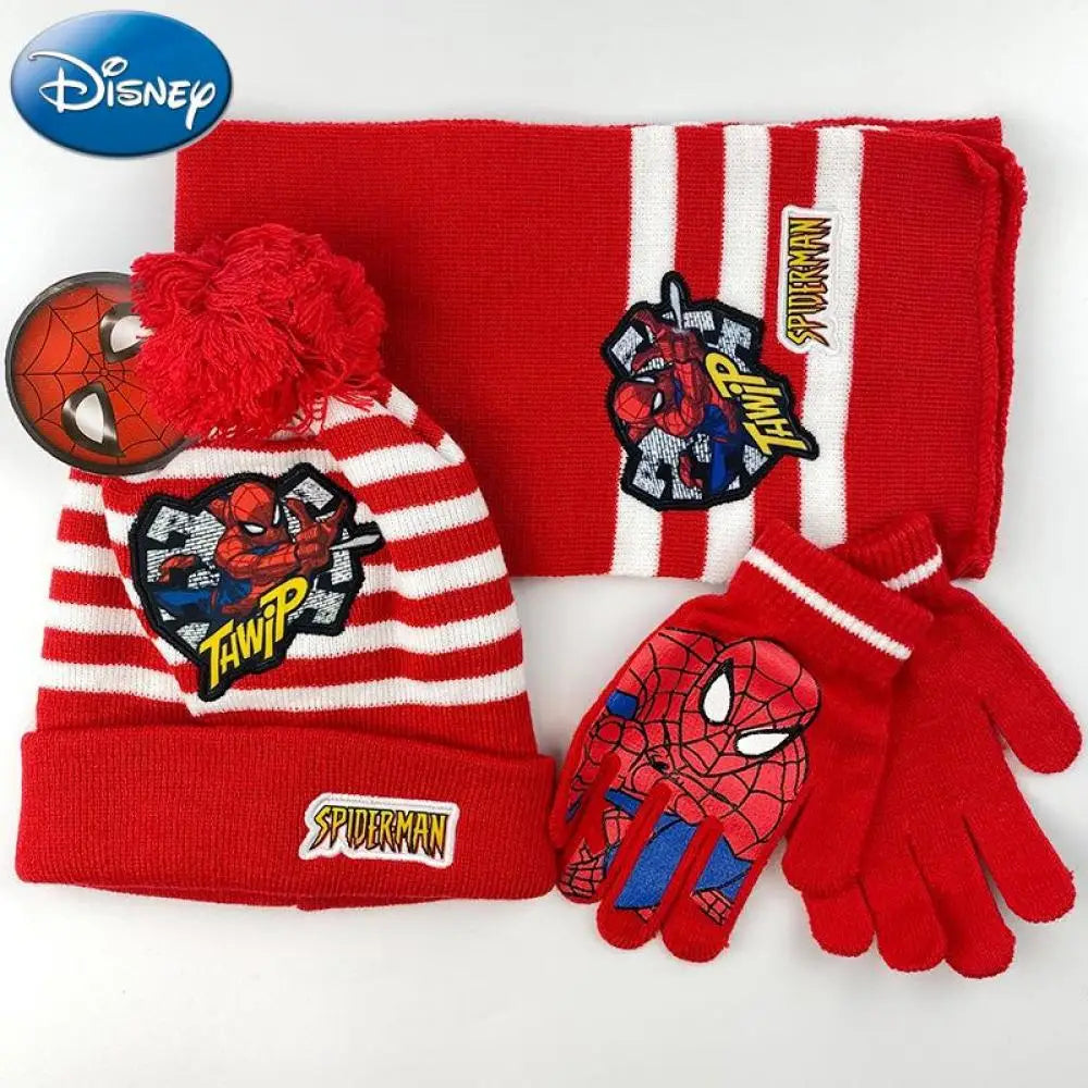 3 Stück Disney Superheld Spiderman Cartoon Herbst Winter Kinder Warme Strickmütze + Schal + Handschuhe Junge Schal Zubehör Kind