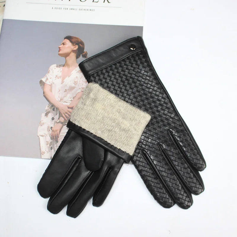 New women's sheepskin gloves with  touch screen ability woven warmth and high-end knitted lining for luxe driving style