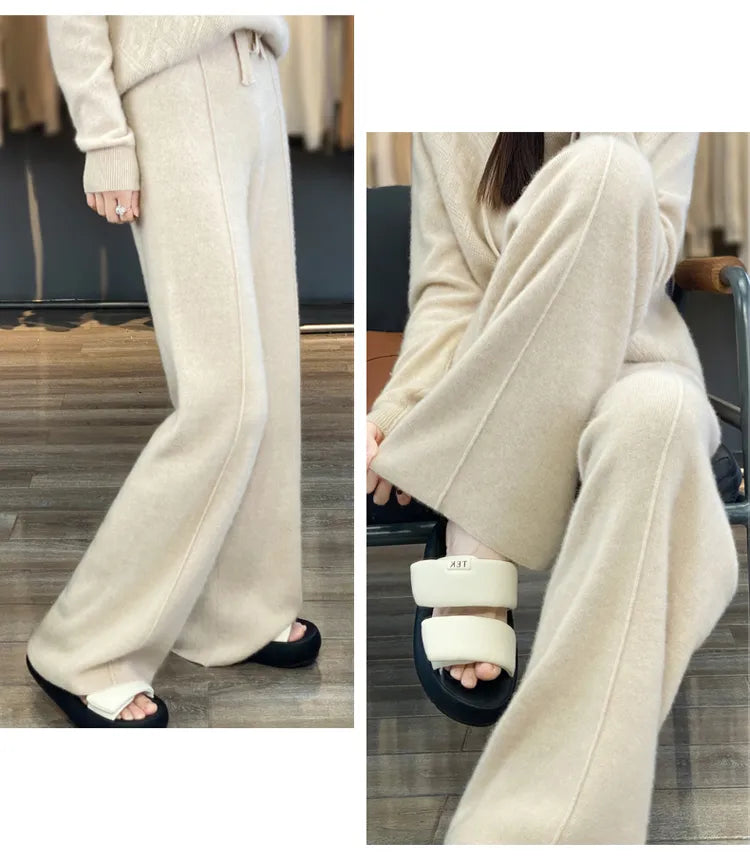 Wool knitted wide leg pants for women with a draping feel, straight tube casual woolen pants for indoors or outdoors warm