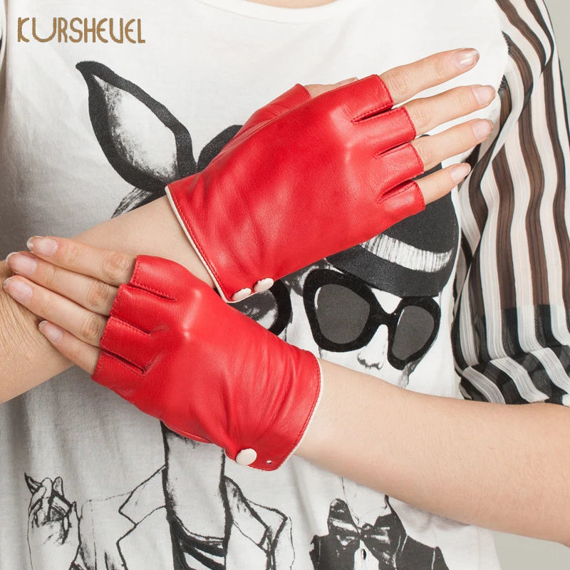 chic d'été avec ces gants demi-doigts en cuir véritable pour femme - poignet boutonné, mitaines en peau de chèvre