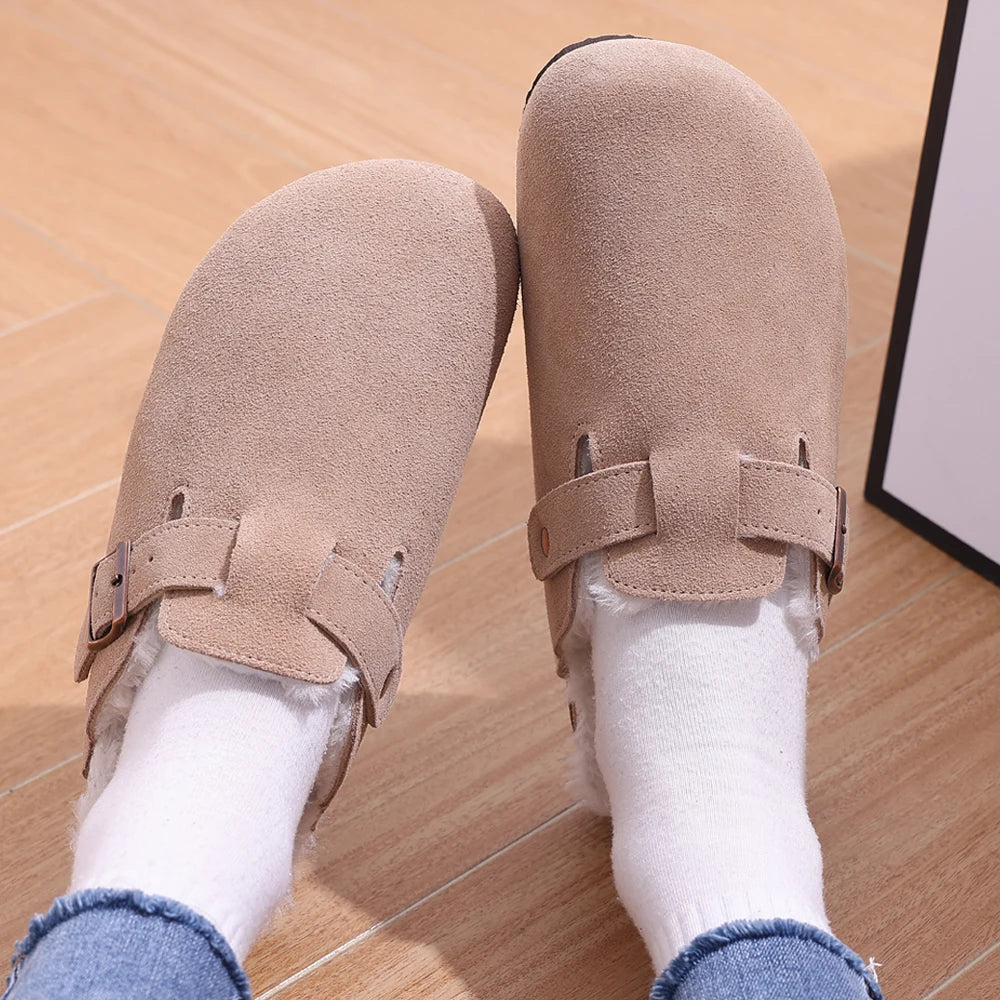 Winter com warm fur clogs for women  luxurious cork mules and fuzzy slippers with short plush, perfect indoor-outdoor warmth and style