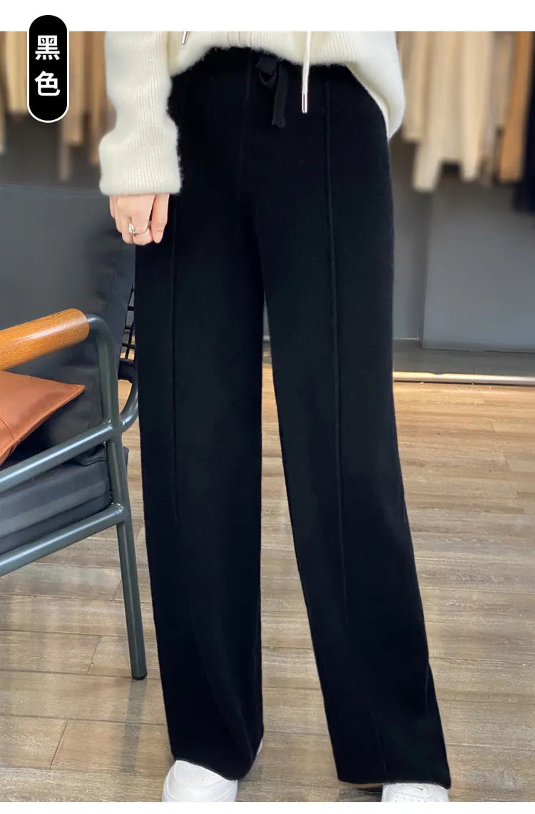 Wool knitted wide leg pants for women with a draping feel, straight tube casual woolen pants for indoors or outdoors warm