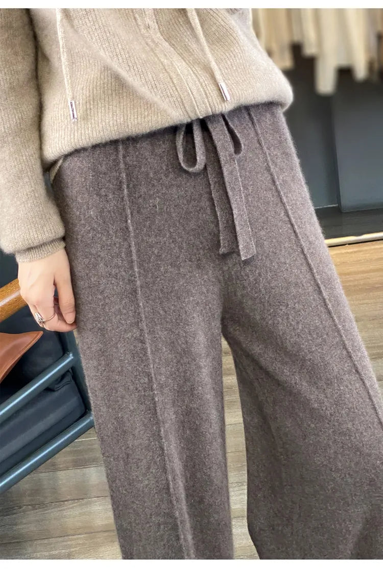 Wool knitted wide leg pants for women with a draping feel, straight tube casual woolen pants for indoors or outdoors warm