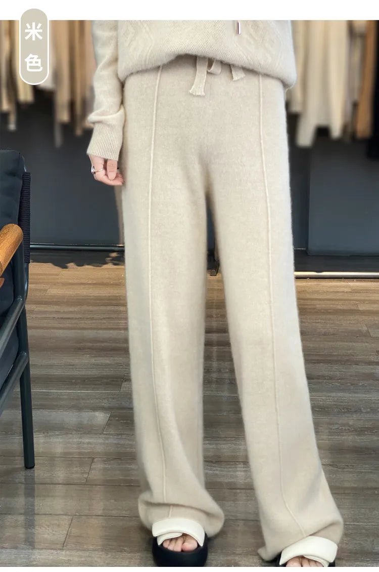 Wool knitted wide leg pants for women with a draping feel, straight tube casual woolen pants for indoors or outdoors warm