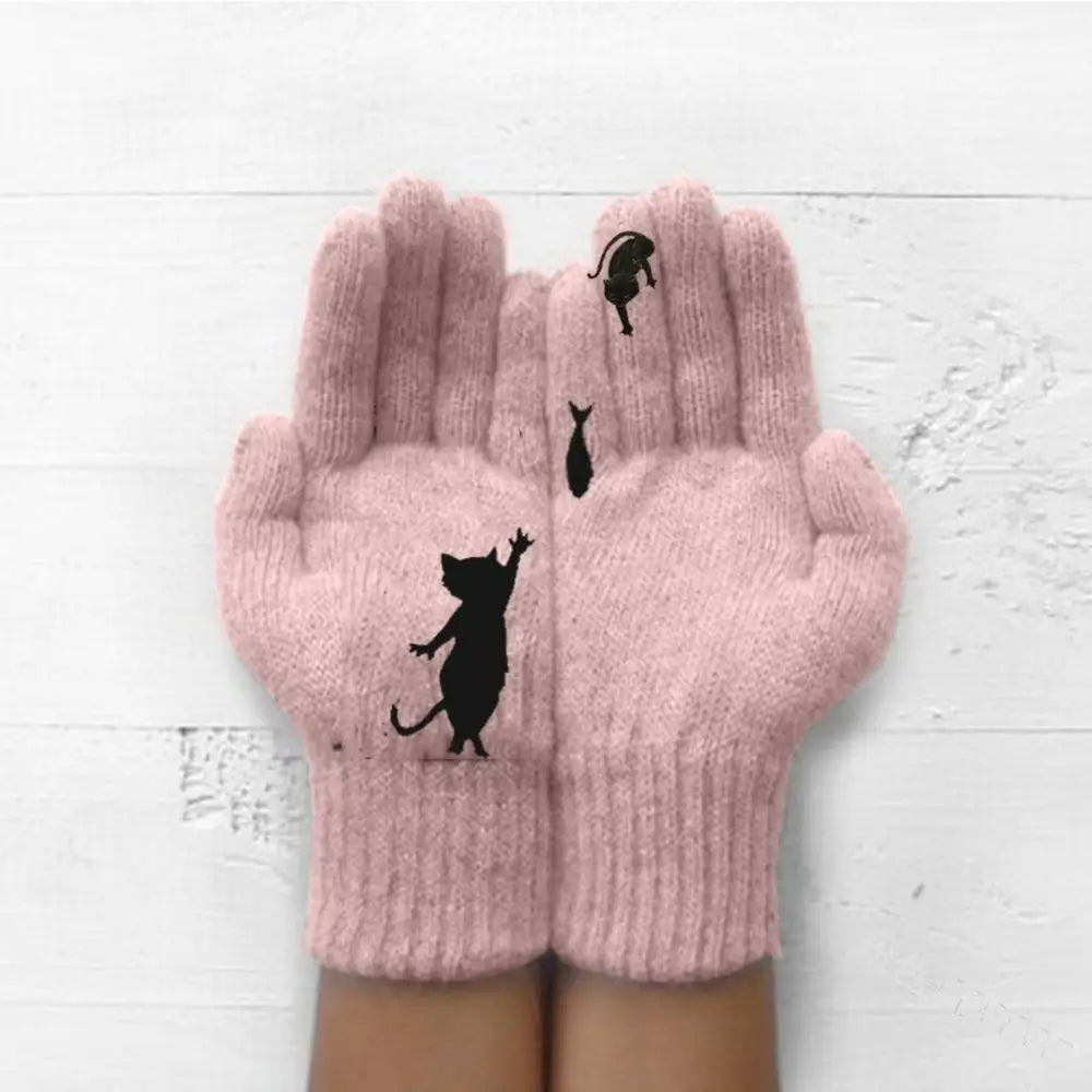 Winter warmth with  cat and bird printed thermal knitted cashmere feel gloves - energize your cold days with cozy comfort women or teens girls  gloves