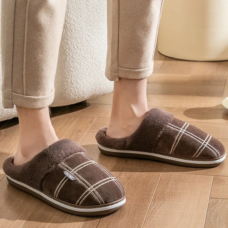 Memory foam plaid house slippers for men for  winter warmth, non-slip comfort