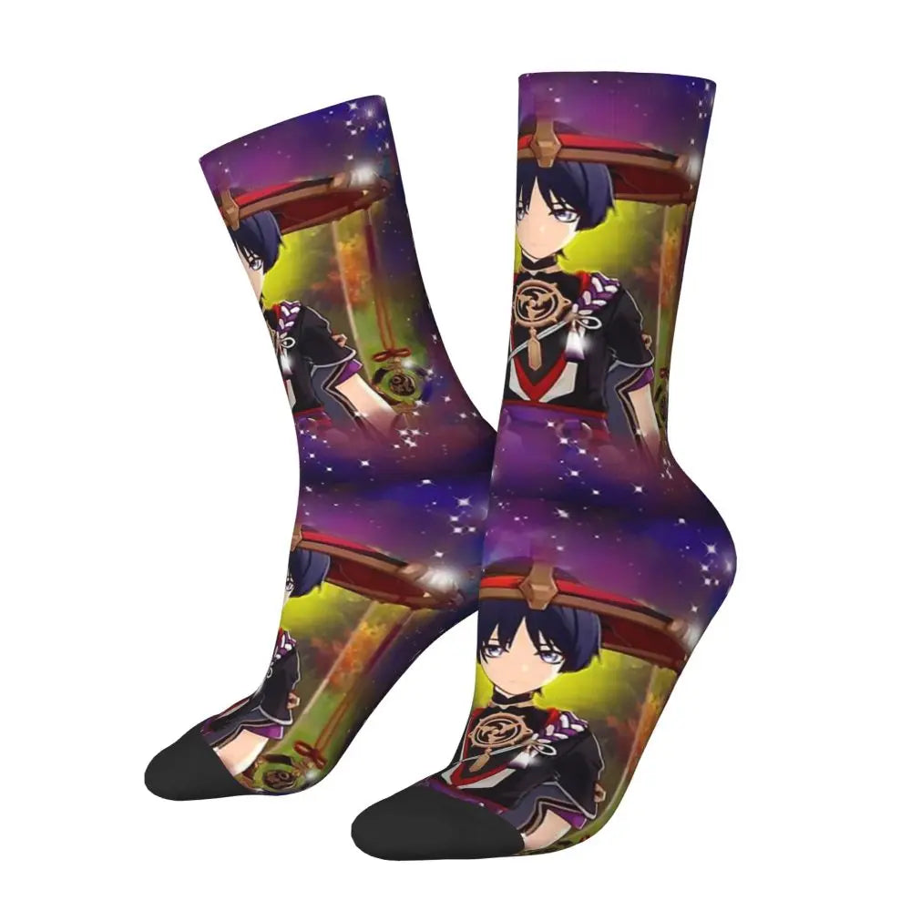 Genshin scaramouche impact husbando mens trendy anime socks modern novelty stockings, perfect gift