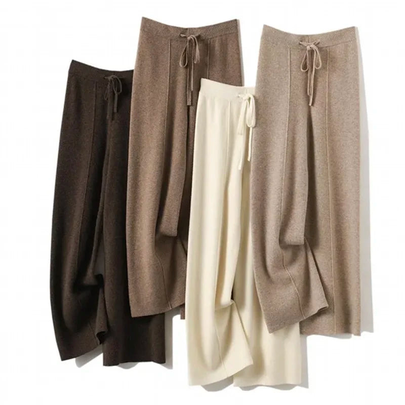 Wool knitted wide leg pants for women with a draping feel, straight tube casual woolen pants for indoors or outdoors warm