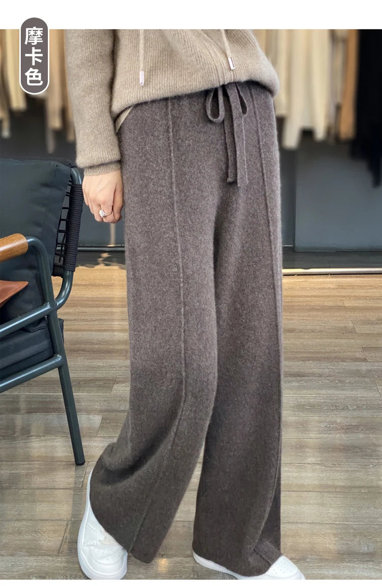 Wool knitted wide leg pants for women with a draping feel, straight tube casual woolen pants for indoors or outdoors warm