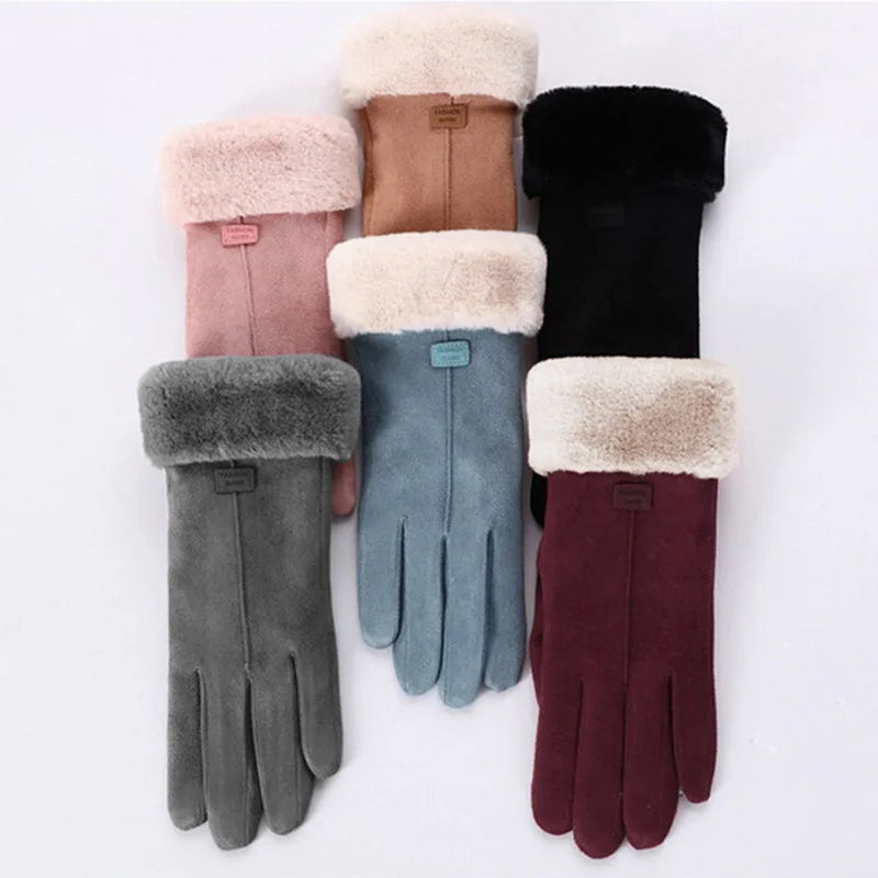 winter female cashmere feel  warm suede leather mittens with double thick velvet plush cozy touch screen driving gloves