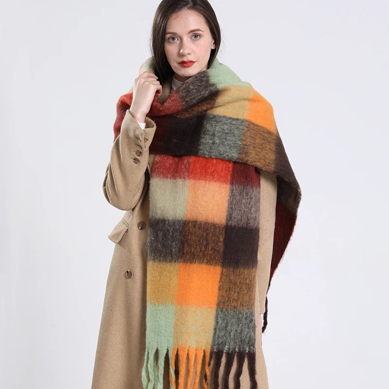 New luxury cashmere plaid scarf for women cozy winter shawl and wrap with long tassels