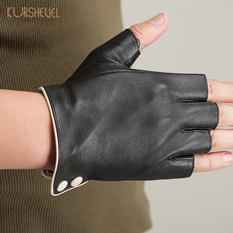 chic d'été avec ces gants demi-doigts en cuir véritable pour femme - poignet boutonné, mitaines en peau de chèvre