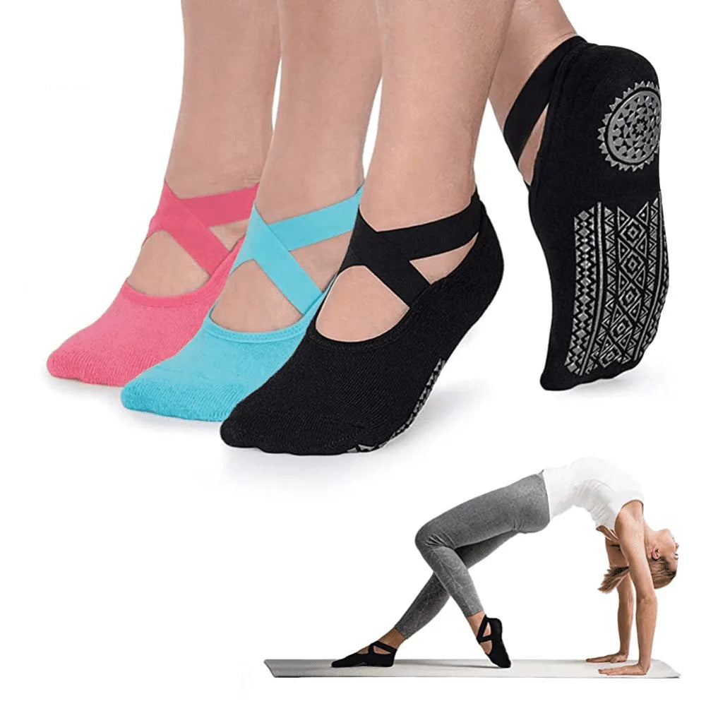 1 paire de chaussettes en coton bandage antidérapantes pour femmes avec sangles – parfaites pour les entraînements de Pilates, de barre pure, de ballet et pieds nus