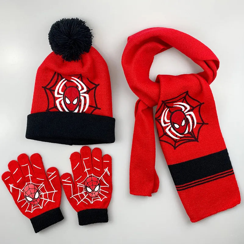 3 Pieces Disney Superhero Spiderman cartoon Autumn Winter Children Warm Knitted Hat+Scarf+Gloves  Boy  Scarf Accessories Kid