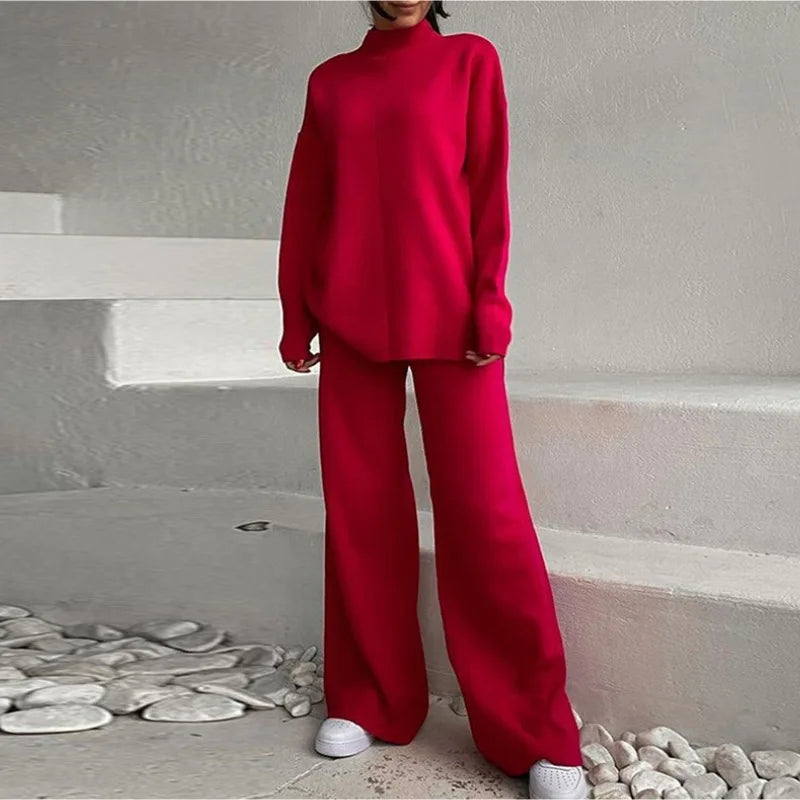 Knitted 2 piece turtleneck sweater wide leg pants sleepwear set women loungewear indoors cozy outfit