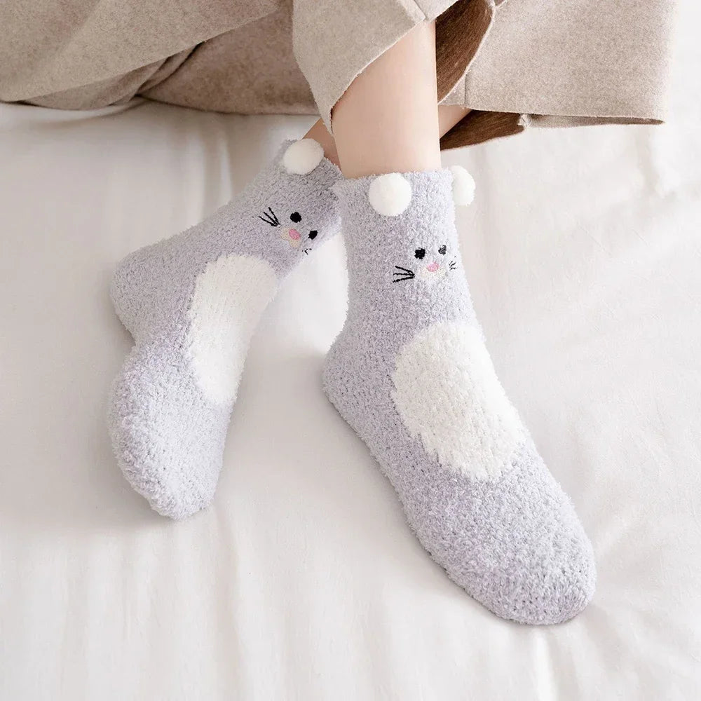 2 Paar Cartoon-Tier-Socken mit niedlichem Fuzzy-Fleece, pelzig, warm, für Damen