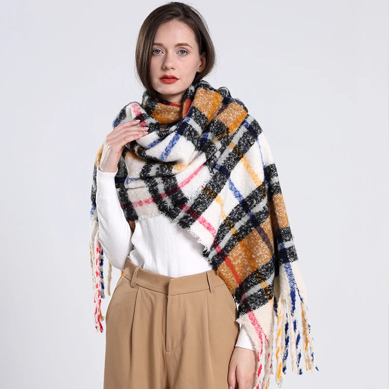 New luxury cashmere plaid scarf for women cozy winter shawl and wrap with long tassels