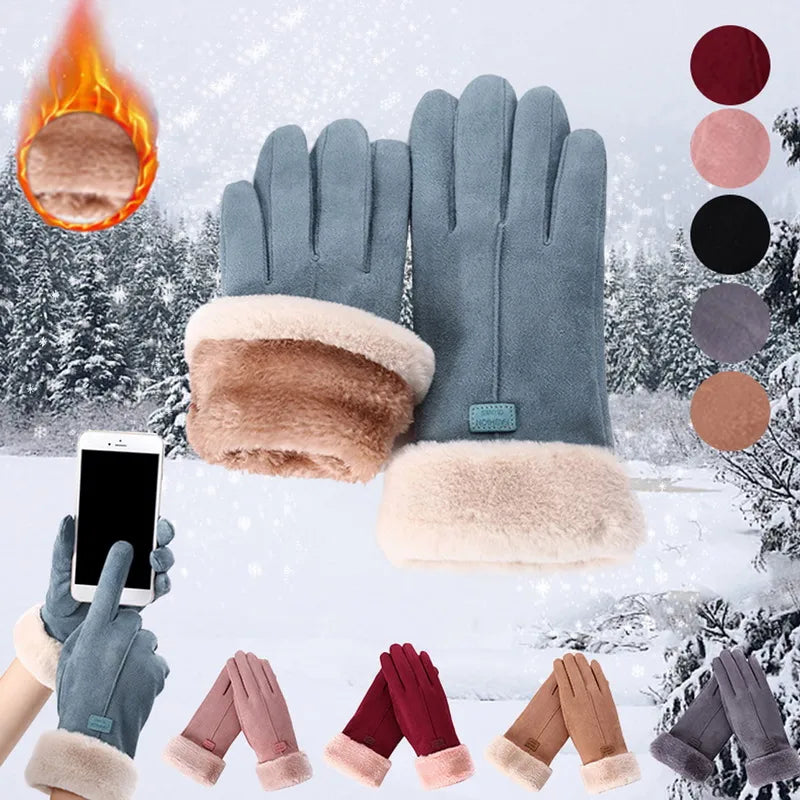 winter female cashmere feel  warm suede leather mittens with double thick velvet plush cozy touch screen driving gloves