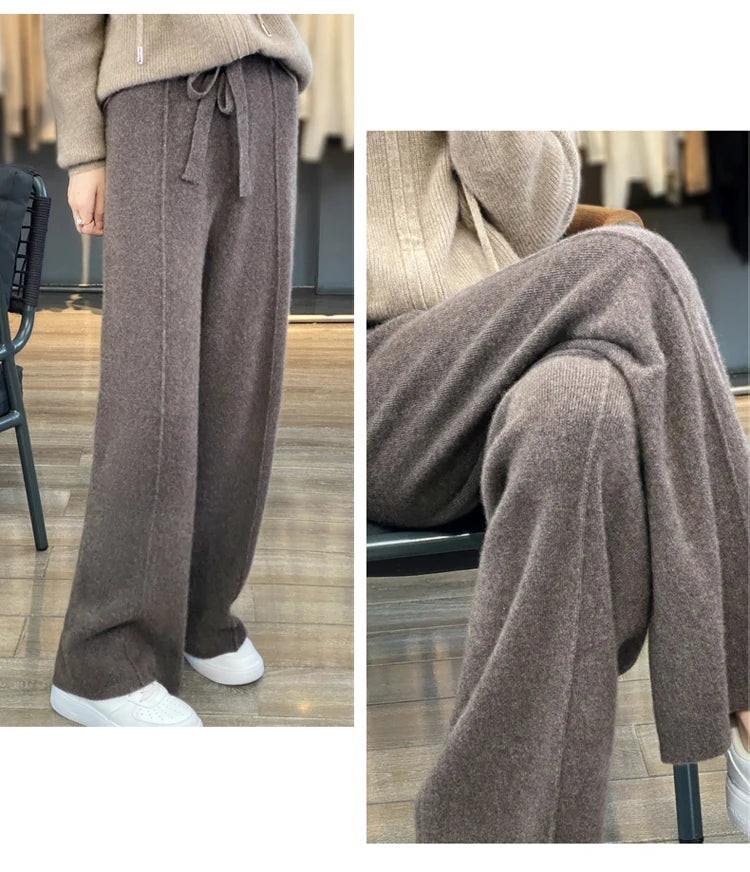 Wool knitted wide leg pants for women with a draping feel, straight tube casual woolen pants for indoors or outdoors warm