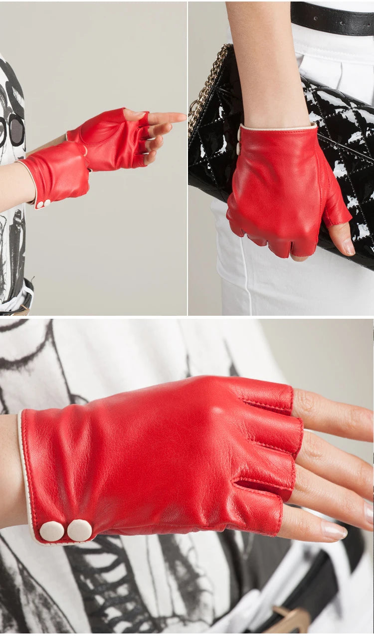 chic d'été avec ces gants demi-doigts en cuir véritable pour femme - poignet boutonné, mitaines en peau de chèvre