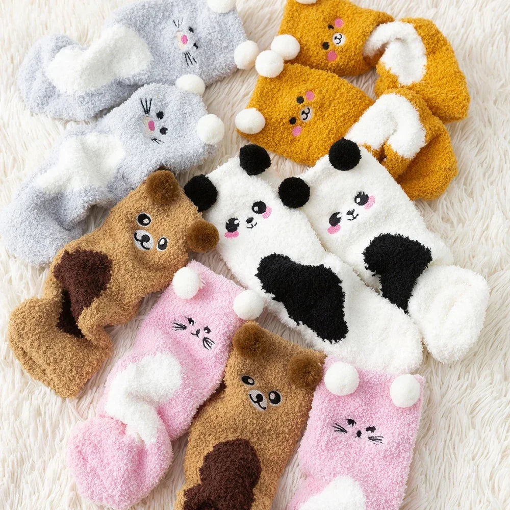 2 Paar Cartoon-Tier-Socken mit niedlichem Fuzzy-Fleece, pelzig, warm, für Damen