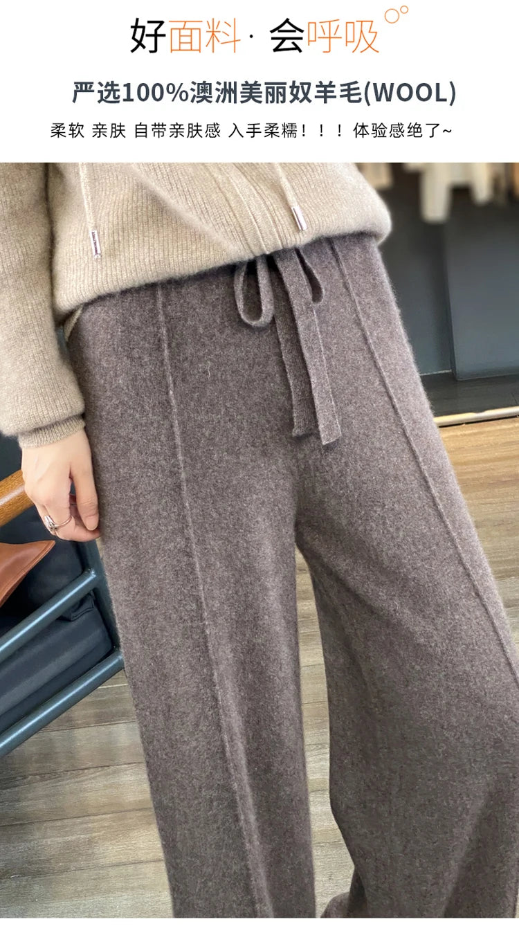 Wool knitted wide leg pants for women with a draping feel, straight tube casual woolen pants for indoors or outdoors warm