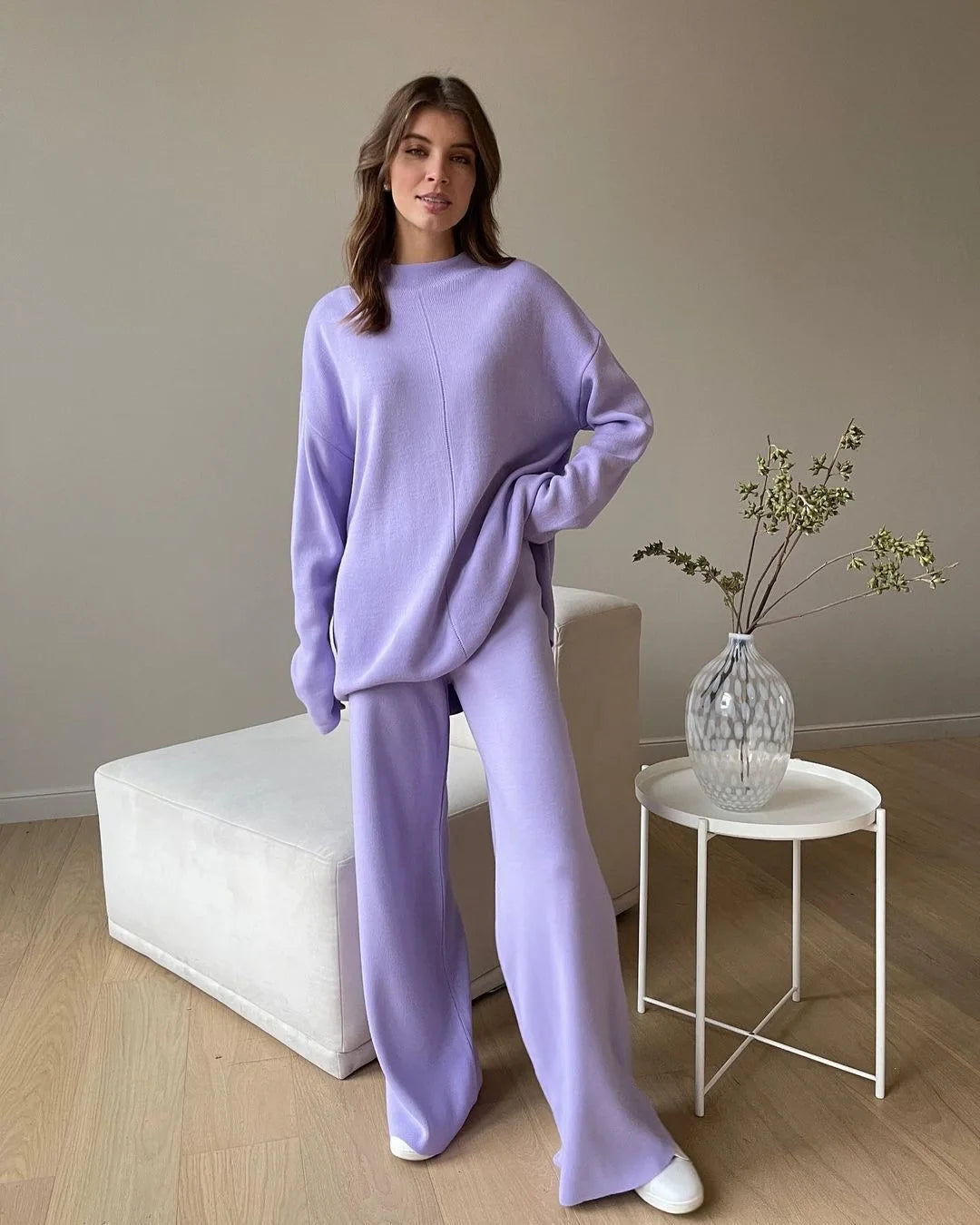 Knitted 2 piece turtleneck sweater wide leg pants sleepwear set women loungewear indoors cozy outfit