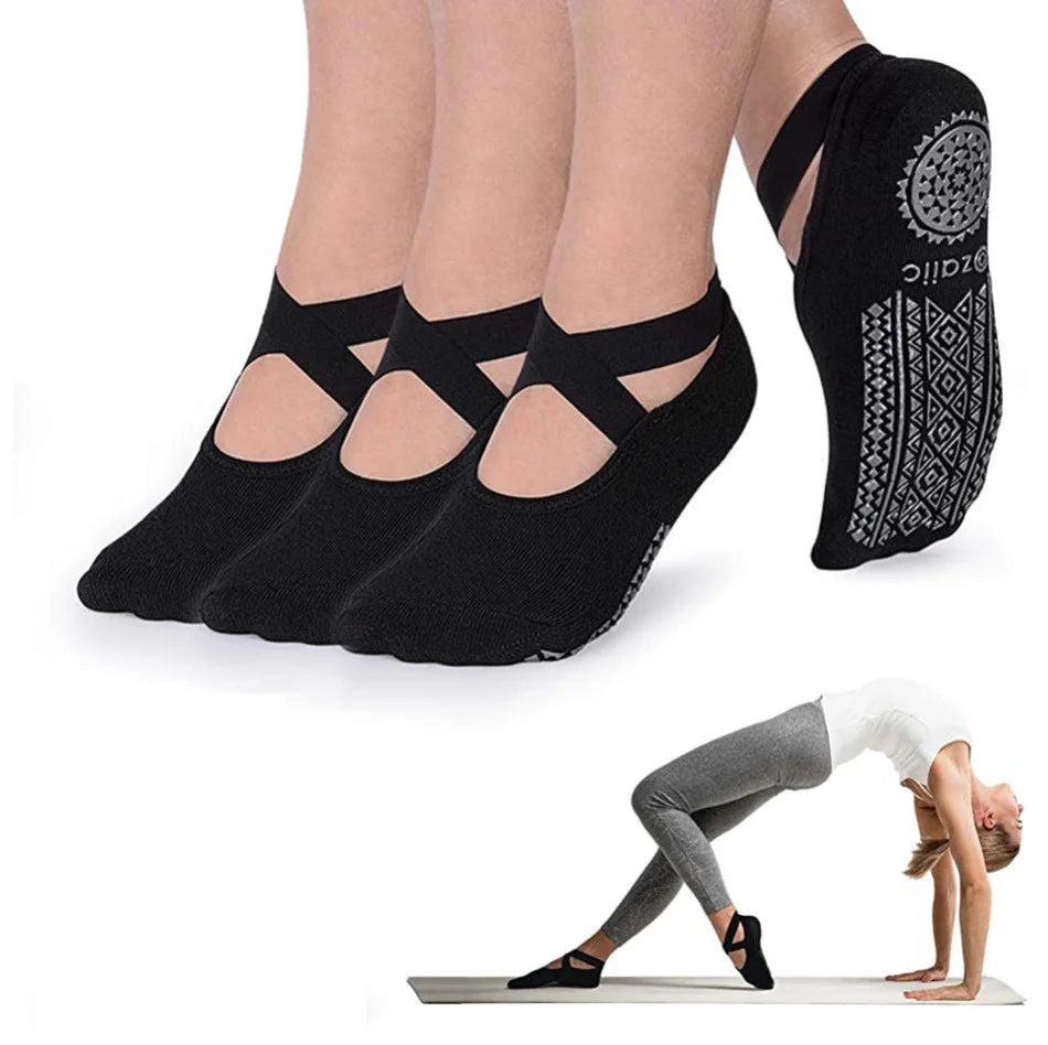 1 paire de chaussettes en coton bandage antidérapantes pour femmes avec sangles – parfaites pour les entraînements de Pilates, de barre pure, de ballet et pieds nus