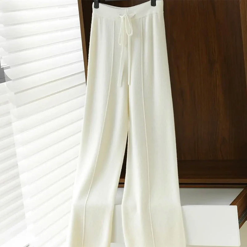 Wool knitted wide leg pants for women with a draping feel, straight tube casual woolen pants for indoors or outdoors warm